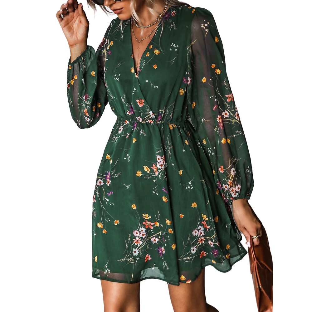 Cupshe Floral Mini Dress Womens L Green Chiffon Cottagecore Wedding Guest Garden